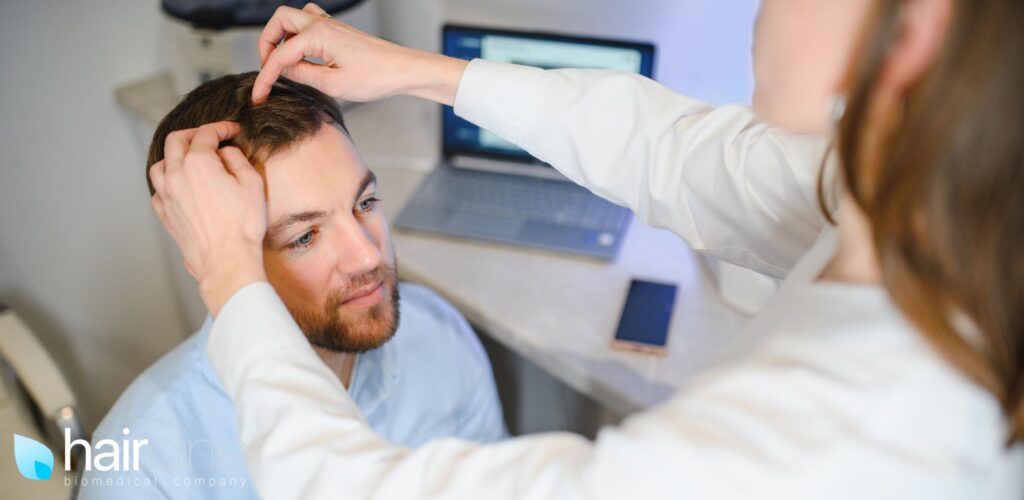 Il medico esamina i capelli del paziente