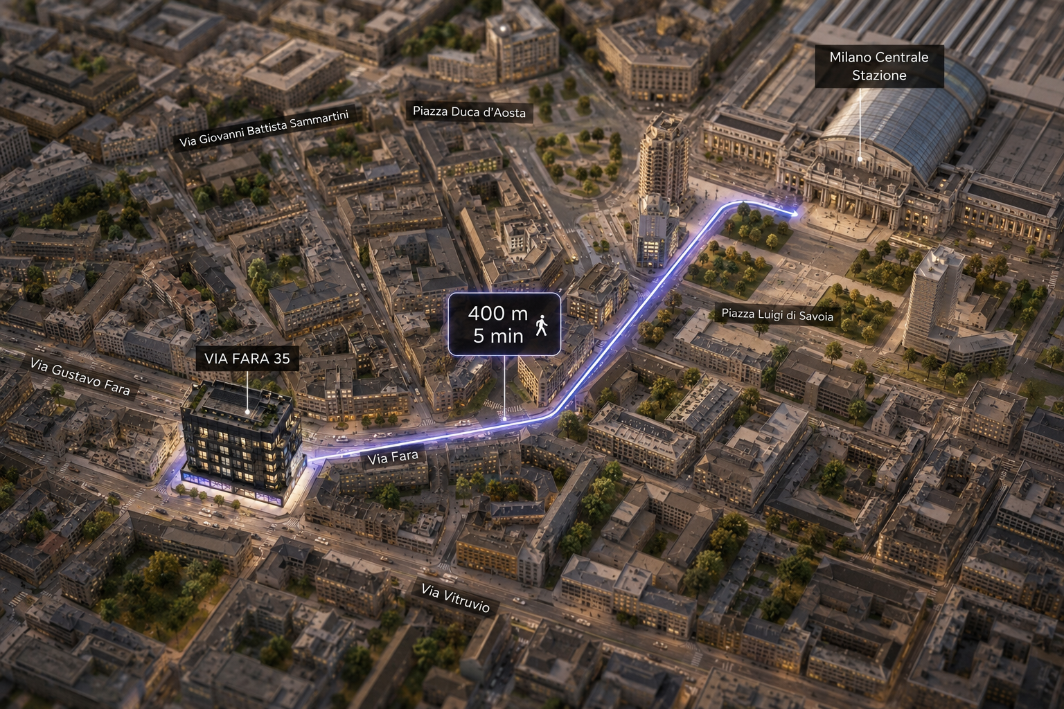 Mappa del percorso a piedi da Milano Centrale Stazione a VIA FARA 35: 400 m, 5 min, passando per Piazza Luigi di Savoia e Via Fara. Nella mappa anche Piazza Duca d’Aosta, Via Giovanni Battista Sammartini, Via Gustavo Fara e Via Vitruvio.